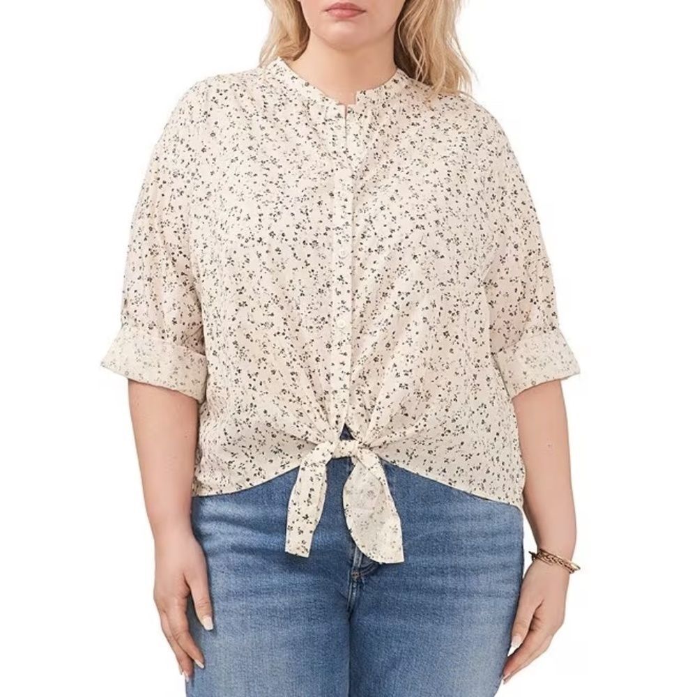 Vince Camuto Floral Print 3/4 Roll-Tab Sleeve Tied Button Front Blouse NWT